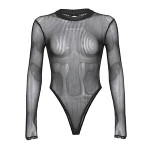 Mesh Crop Top Grunge Retro y2k Bodysuit Hollow Out Long Sleeve See Through Sexy