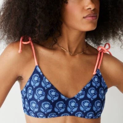 NEW J.Crew Tie-Shoulder French Bikini Top Navy Bouquet Block Print Size XXL - Image 1 of 4