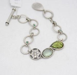 VTG Lia Sophia Bracelet Silver Tone Green Rhinestones Link Toggle Clasp New/Box - Picture 1 of 6