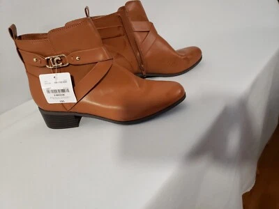 Sz 9M Liz Claiborne Ankle Boots Camel Brown Leather Zip Block Heel.  NEW - Image 1 of 4