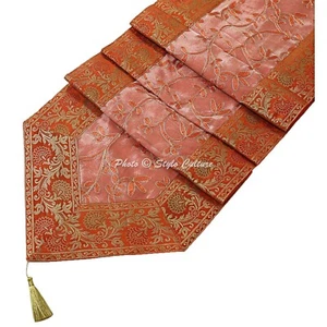 Indian Brocade Table Runner Jacquard Emrboidered Orange Tassel Long Tablecloth - Picture 1 of 7