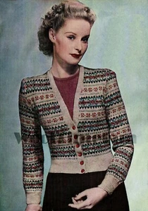 Strickmuster Damen Vintage 1930er/40er Fair Isle V-Ausschnitt Strickjacke 36-38" Büste - Bild 1 von 1