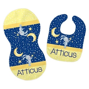 Baby Boy Personalized Custom Moon Star Bunny Bib and Burp Cloth Set - Picture 1 of 2