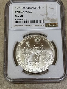 1995 D Olympics ~ Paralympics Silver S$1 • NGC MS70 • Atlanta - Picture 1 of 4