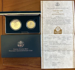 1992-P/S Columbus Quincentenary 2-Coin PR Set Silver Dollar Clad Half, OGP/COA - Picture 1 of 6