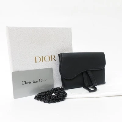 CHRISTIAN DIOR Chain Saddle Nano Wallet Pouch Shoulder Bag Black Leather Used - Image 1 of 4