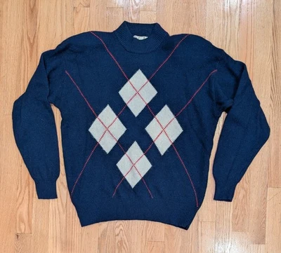 Rafaella Navy Argyle Lambs Wool Angora Vintage Mock Neck Sweater Womens Large  - Image 1 of 4