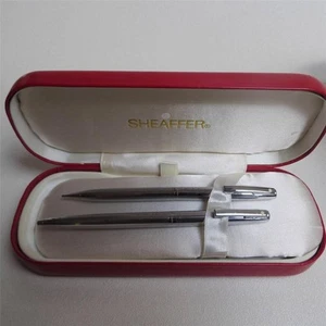 SHEAFFER WHITE DOT MECHANICAL PENCIL BALL POINT PEN SILVER TONE RED LEATHER BOX - Picture 1 of 1