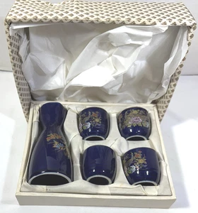 Vtg Japanese Sake 5 Piece Set Cobalt Blue Camellia Peacock Gold Trim Back Stamp - Picture 1 of 10