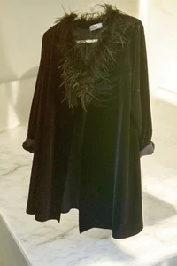 Vintage Black Velvet Swing Coat Marabou Trim Knee Length Medium-Large  - Picture 1 of 5