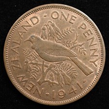 New Zealand 1 Penny 1941, Coin, Km# 13, George Vi, Tui Bird, Inv#B923