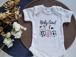Holy Cow Im One Outfit, Girl Baby bodysuit First Farm theme birthday T-shirt - Picture 1 of 5