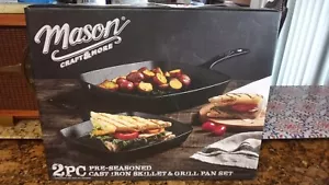 Mason Craft & More 2 Piece Cast Iron Skillet & Grill Pan Set Pre-Seasoned - New - Picture 1 of 8