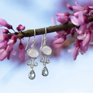 Rainbow Moonstone and Blue Topaz Drop Earrings 925 Sterling Silver Dangles - Picture 1 of 2