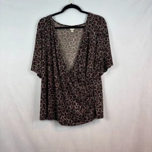 Merona Womens Pink Brown Y2K Faux Wrap Stretch Short Sleeve Blouse SZ 20/22W - Picture 1 of 10