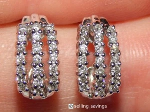 14K WHITE GOLD DIAMOND 1/2 INCH TALL THREE ROW HUGGIE EARRINGS - Picture 1 of 5