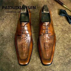 British Square Toe Mens Real Leather Formal Dress Business Crocodile Print Shoes - Picture 1 of 14