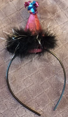 Halloween Birthday Pink With Black Feathers Headband With Decorative Hat - Image 1 of 2