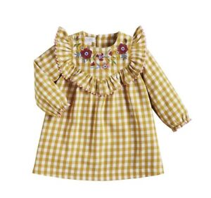 Mud Pie Little Girls Yellow Gingham Embroidered Ruffle Long Sleeve Dress Size 5T