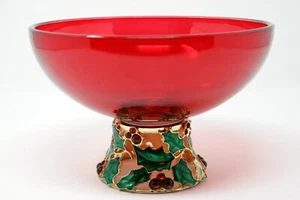 Teleflora Red Glass Holly Berries 7 3/4" Pedestal Centerpiece Bowl - Picture 1 of 7