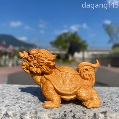 Adorno de estatua de dragón tortuga dragón longevidad tallada a mano de madera de ciprés de 7 cm Foto 1 de 4