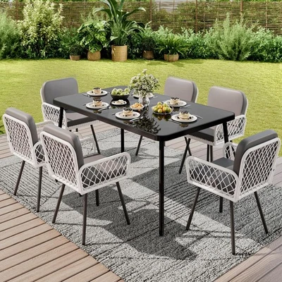 Mesa de patio rectangular para 6 adultos patas metálicas resistentes diseño minimalista exterior Foto 1 de 4