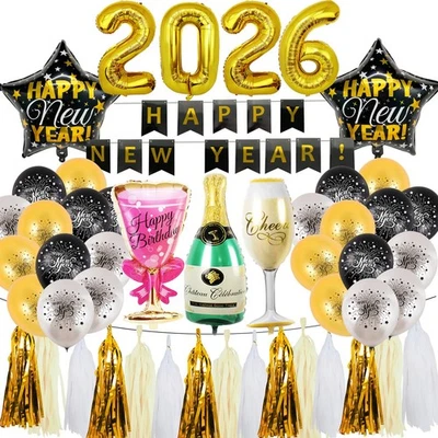Kit de decoración de suministros de fiesta de Nochevieja 2026, pancarta dorada y negra, Tas... Foto 1 de 4
