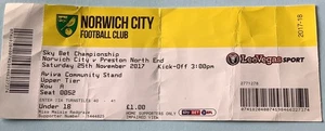 Norwich City v Preston North End 25/11/17 Championship Match Ticket - Picture 1 of 5