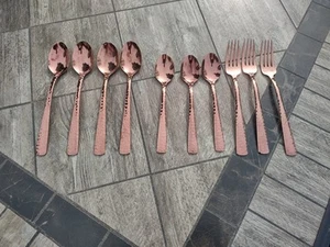 10 Spoons/Forks Food Network Martilla Pattern Stainless Copper Colored Flatware - Picture 1 of 5