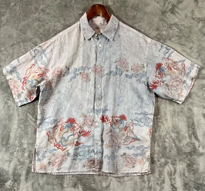 Рубашка мужская CITRON Santa Monica средняя серая 100% лен азиатский дракон розовый принт SS - Изображение 1 из 4
