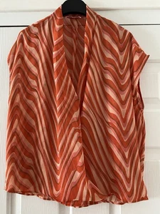 Orange/pink Stripe MNG Mango Size Large 14/16 Cap Sleeve Crossover Popper Blouse - Picture 1 of 6