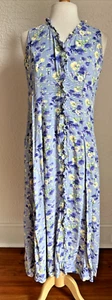 Vintage April Cornell Blue Floral Maxi Shirt Dress Sleeveless Women Medium - Picture 1 of 7