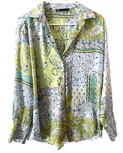 Zara Women's Button Up Top Satin Effect Shirt Sz Medium Boho Paisley Oversized - Picture 1 of 4