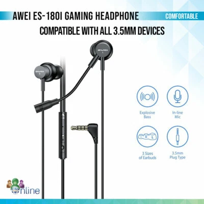 AWEI ES-180i In Ear Gaming Earphones 3.5mm Plug With Mic HD Clean Voice For PC - Image 1 of 2