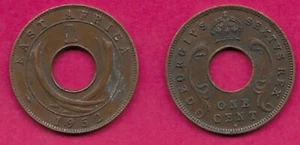 EAST AFRICA BRITISH 1 CENT 1952-H ELIZABETH II,CENTRAL HOLE DIVIDES CROWN AND DA - Picture 1 of 1