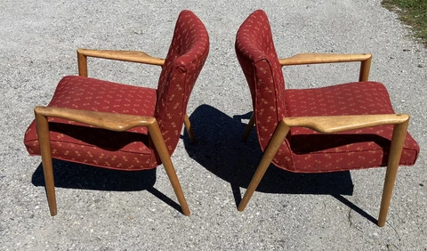 Pair Danish Modern Wood Arm Scoop Lounge Chairs Leslie Diamond Conant Ball Cover