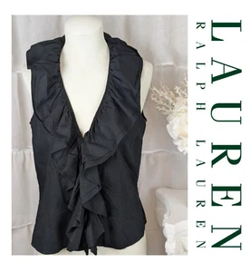Blusa Lauren Ralph Lauren Mujer Negra Sin Mangas Volantes Algodón Abotonada M - Imagen 1 de 7