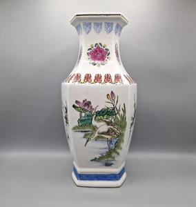 Vintage Chinese Porcelain Hexagonal Vase 14.5" Hand‑Painted Cranes & Flowers - Picture 1 of 16