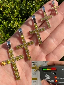 Yellow Canary MOISSANITE Real 925 Silver Cross Iced Pendant Necklace Hip Hop - Picture 1 of 24