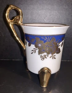Lefton Demitasse Footed Cup 07680 Blue White Gold Flowers Vintage - Picture 1 of 11
