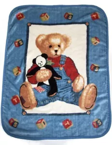 Blue Jean Teddy Bear Polyester Acrylic Baby Blanket Blocks Panda Plush BJT - Picture 1 of 2