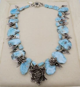 Sterling ~ LARIMAR & SILVER FLORAL NECKLACE ~ 20" Long & 224 Grams - Picture 1 of 12