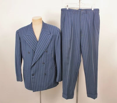 Men's VTG 40s Blue & White Pinstripe 2 PC Double Breasted Suit Sz M 1940s Wool - Image 1 of 4