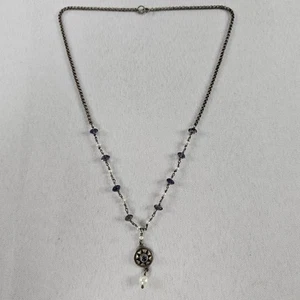 Vintage 925 Sterling Silver Pendant Necklace w/ Purple & Faux Pearl Beads READ⬇ - Picture 1 of 9