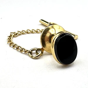 14K oval black onyx tie tack - yellow gold bezel-set stone .75 g 9 x 11mm - Picture 1 of 7