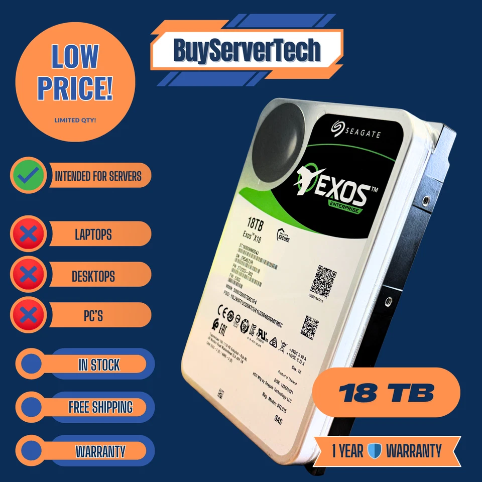 Seagate Exos X18 ST18000NM004J 18TB 7.2K SAS 12Gb/s 3.5" Enterprise HDD 0 Hours - Image 1 of 3