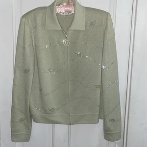 St John Evening Green Zip Cardigan Sequined Embellishments Size 10 - Picture 1 of 17