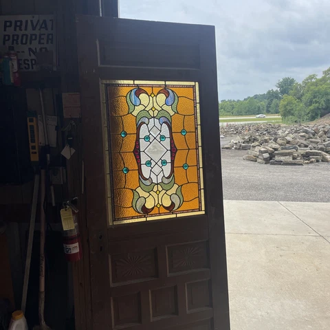 AN 680 Antique fan carved stained glass door 31.75 for 83.25 x 1.25 Cover