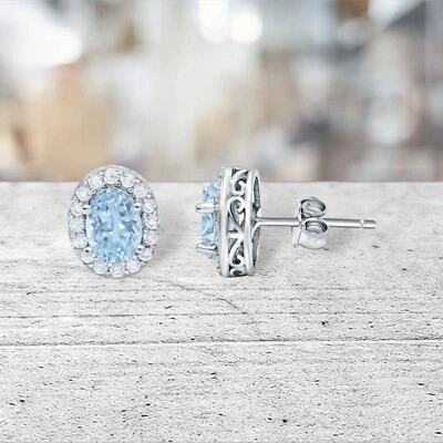 Brincos ovais de filigrana de safira branca e água-marinha em prata esterlina - Imagem 1 de 2