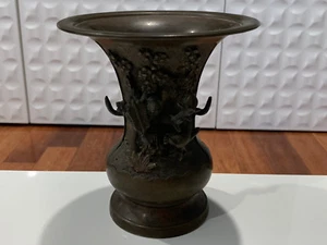 Antique Chinese Bronze Trumpet Form Vase w/ Woman Figure Holding Fan & Peach - Picture 1 of 10